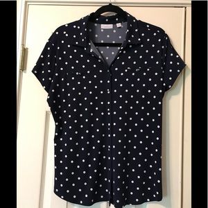 New York & Co Navy and White Polka dot blouse L